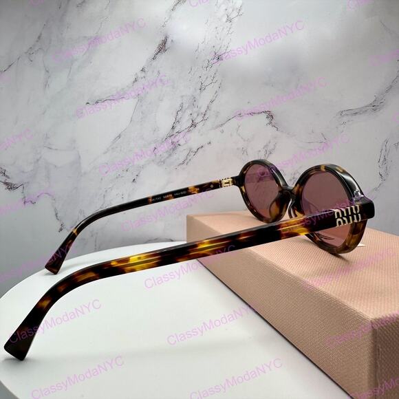 New MIU MIU Sunglasses Brown Tortoise Round Acetate Gold Metal Logo Authentic main image 12